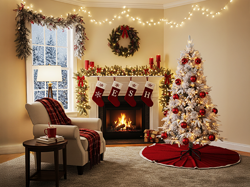 Living confortabil decorat pentru Crăciun cu un brad alb împodobit cu globuri roșii, un șemineu cu șosete și ghirlande și o coroniță deasupra mantelului. Lumini calde și o fereastră acoperită de zăpadă completează scena festivă. Click pentru a vedea produsele din colecție.